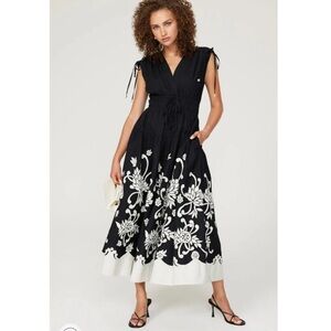 Derek Lam 10 Crosby Fatima Embroidered A-Line Cotton Midi Dress Black White 0